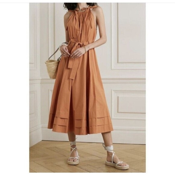Ulla Johnson Dresses & Skirts - Ulla Johnson Joni Halter Poplin Midi Dress in Clay Size 12 Belted Tie Sleeve